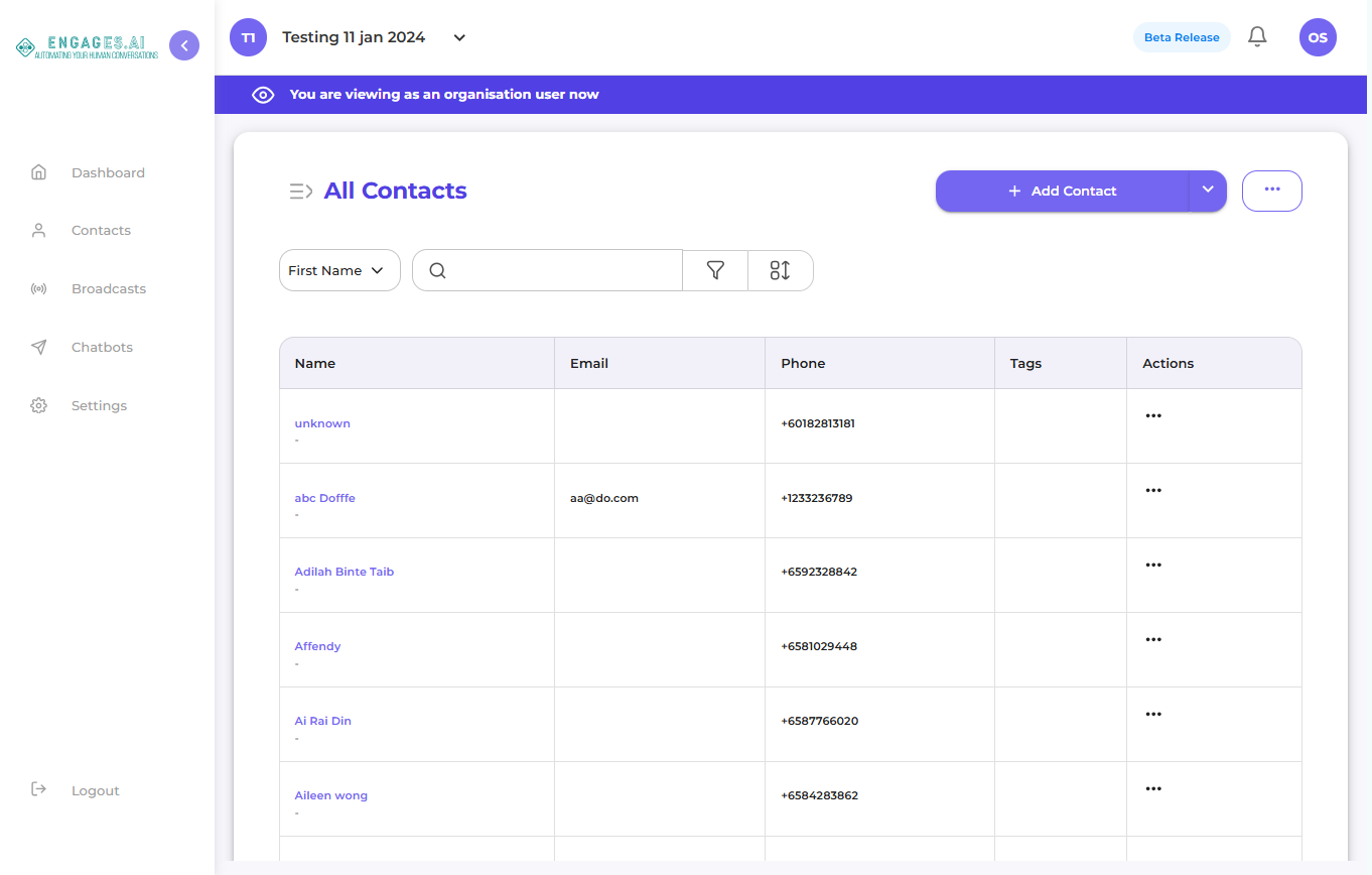Contact / Leads page for Engages AI client